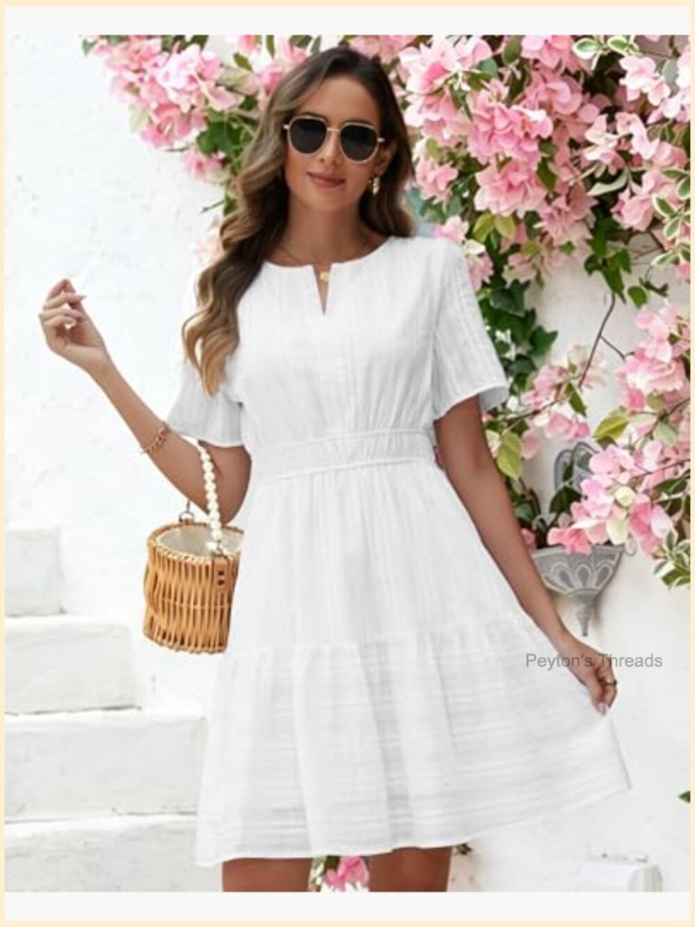 Summer Casual Mini Dress Short Sleeve V-Neck Flowy A-Line Boho Beach Dress with - Picture 2 of 7